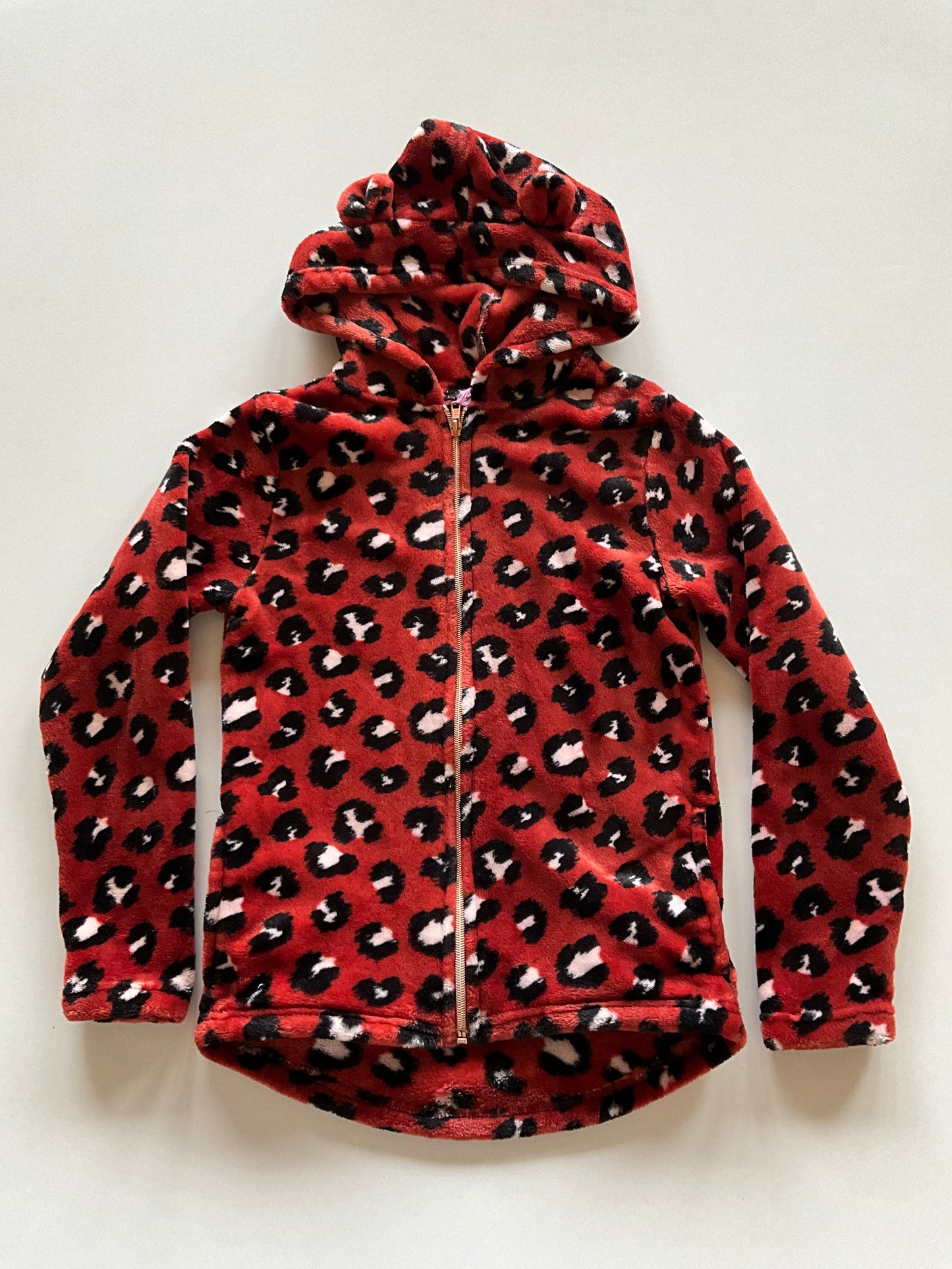 Fuzzy Burnt Red Leopard Print Zip Up