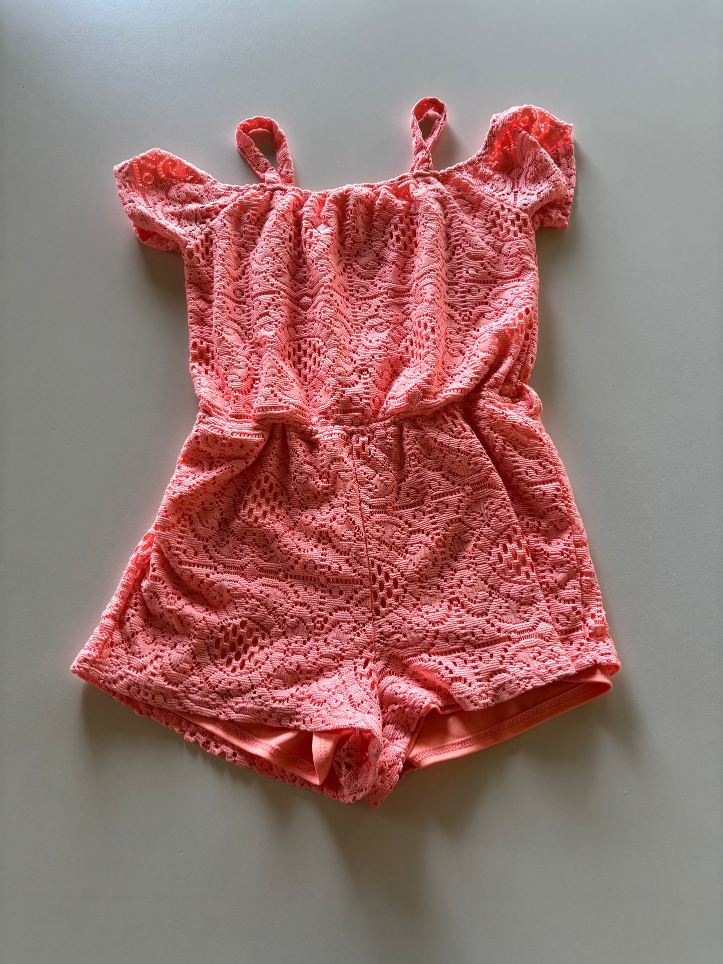 Neon Coral Orange Lace Overlay Romper