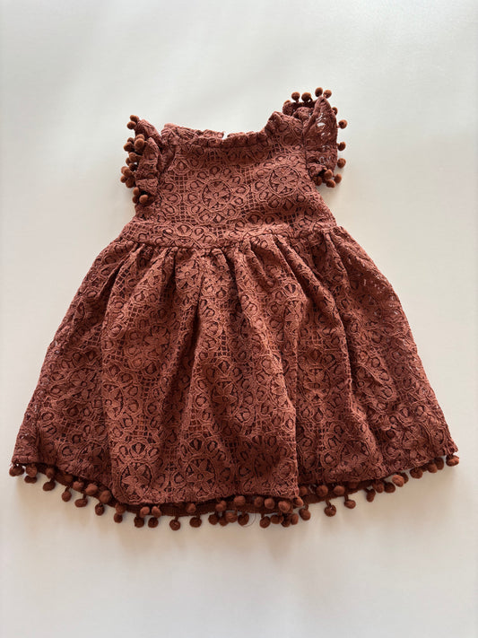 Brown Lace Dress with Poms
