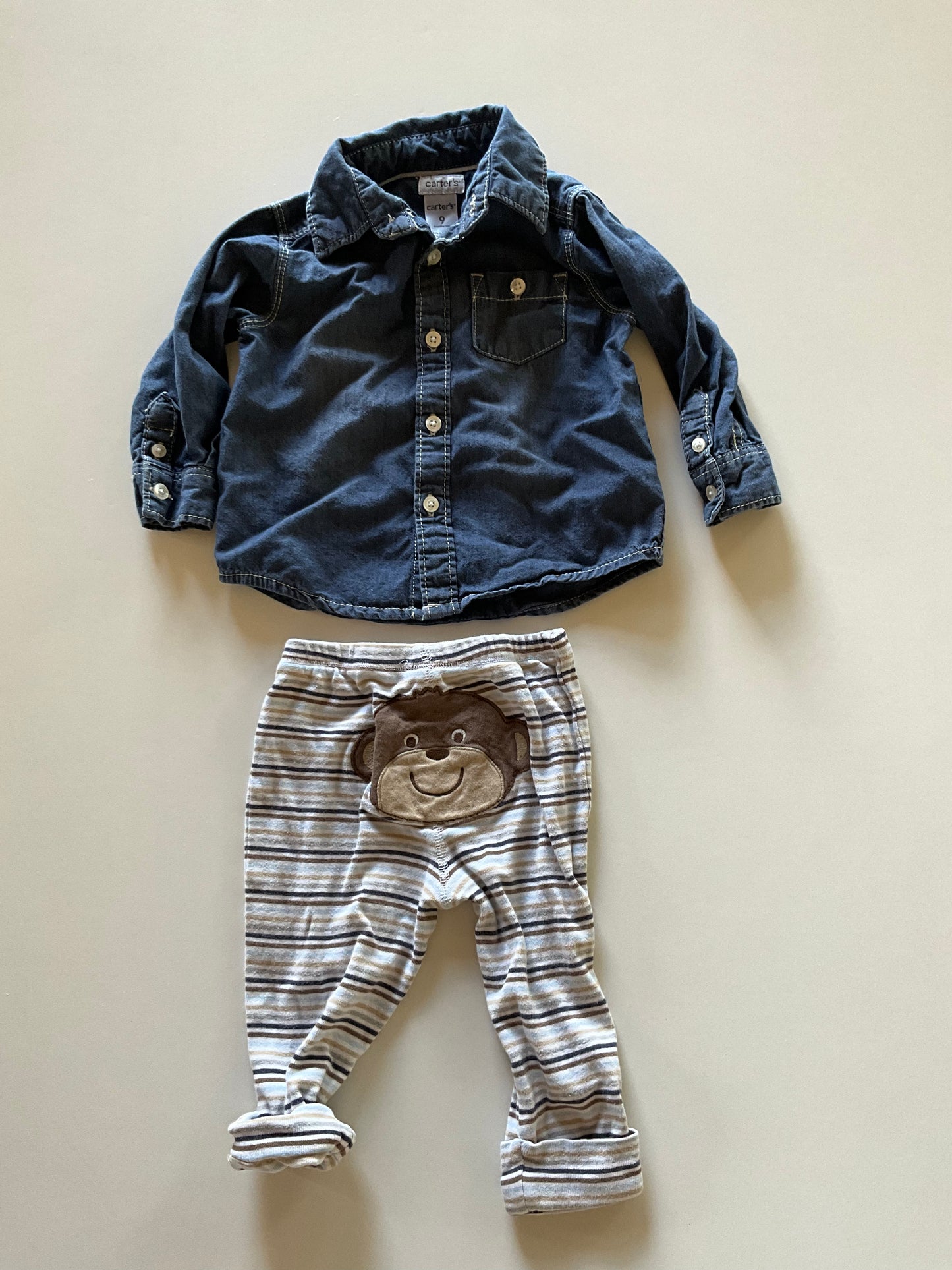 2pc Dark Chambray Shirt & Striped Monkey Pants