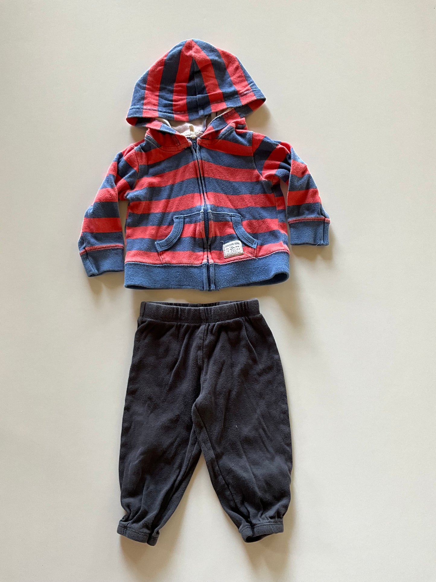 2pc Red & Blue Striped Hoodie & Charcoal Joggers