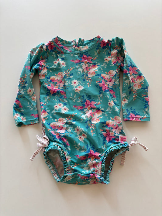 Blue Floral Long Sleeve Swim Suit
