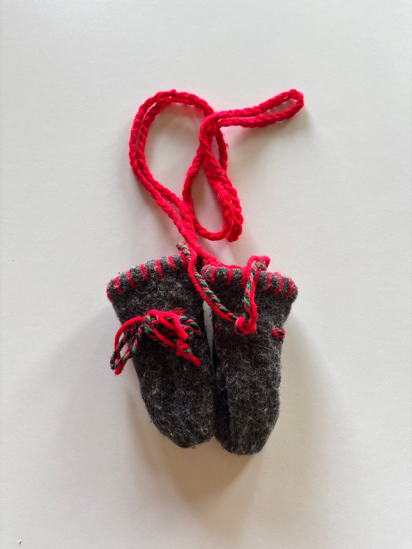 Grey & Red Wool Thumbless Mittens