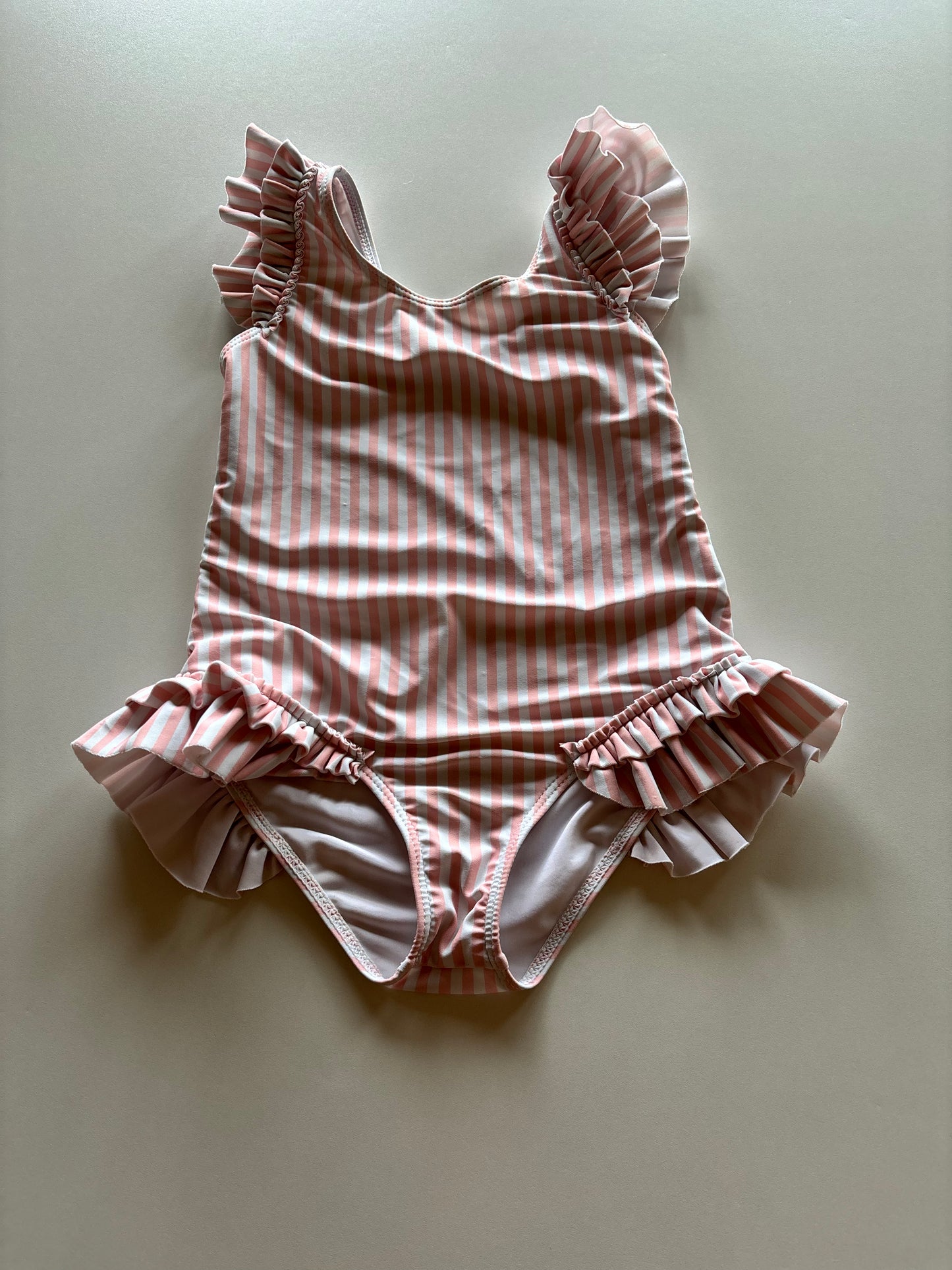 Pink Striped Ruffle Swim Suit