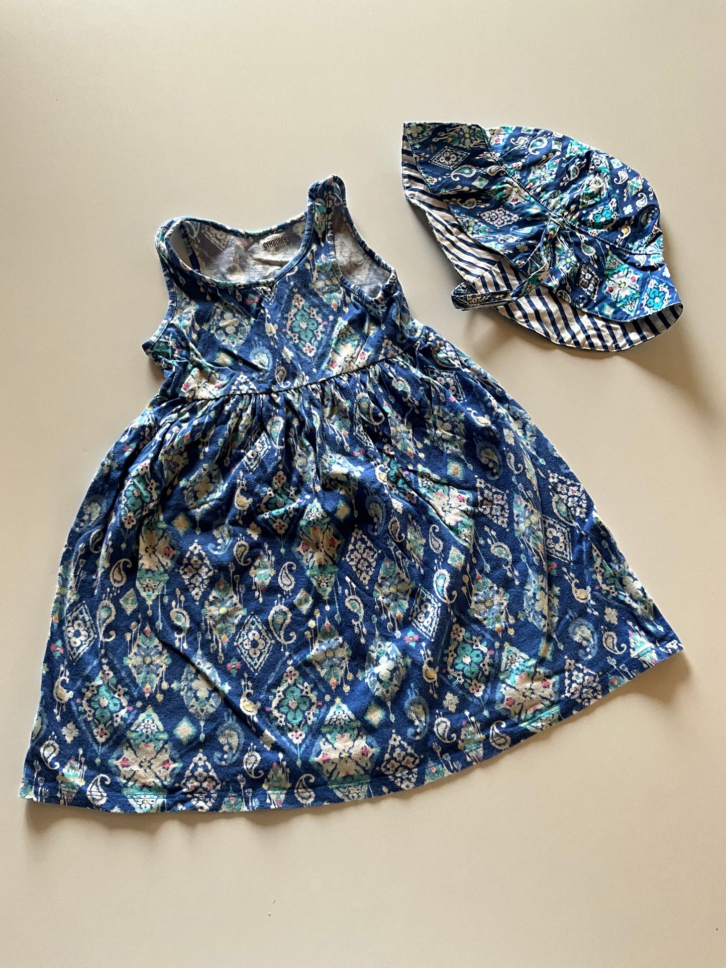 Blue Patterned Dress & Sun Hat