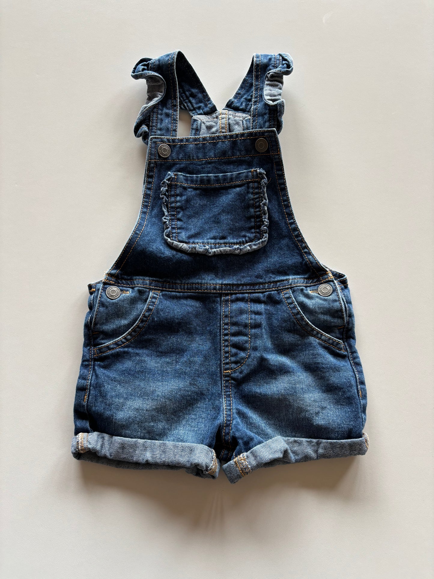 Denim Ruffle Overall Shorts