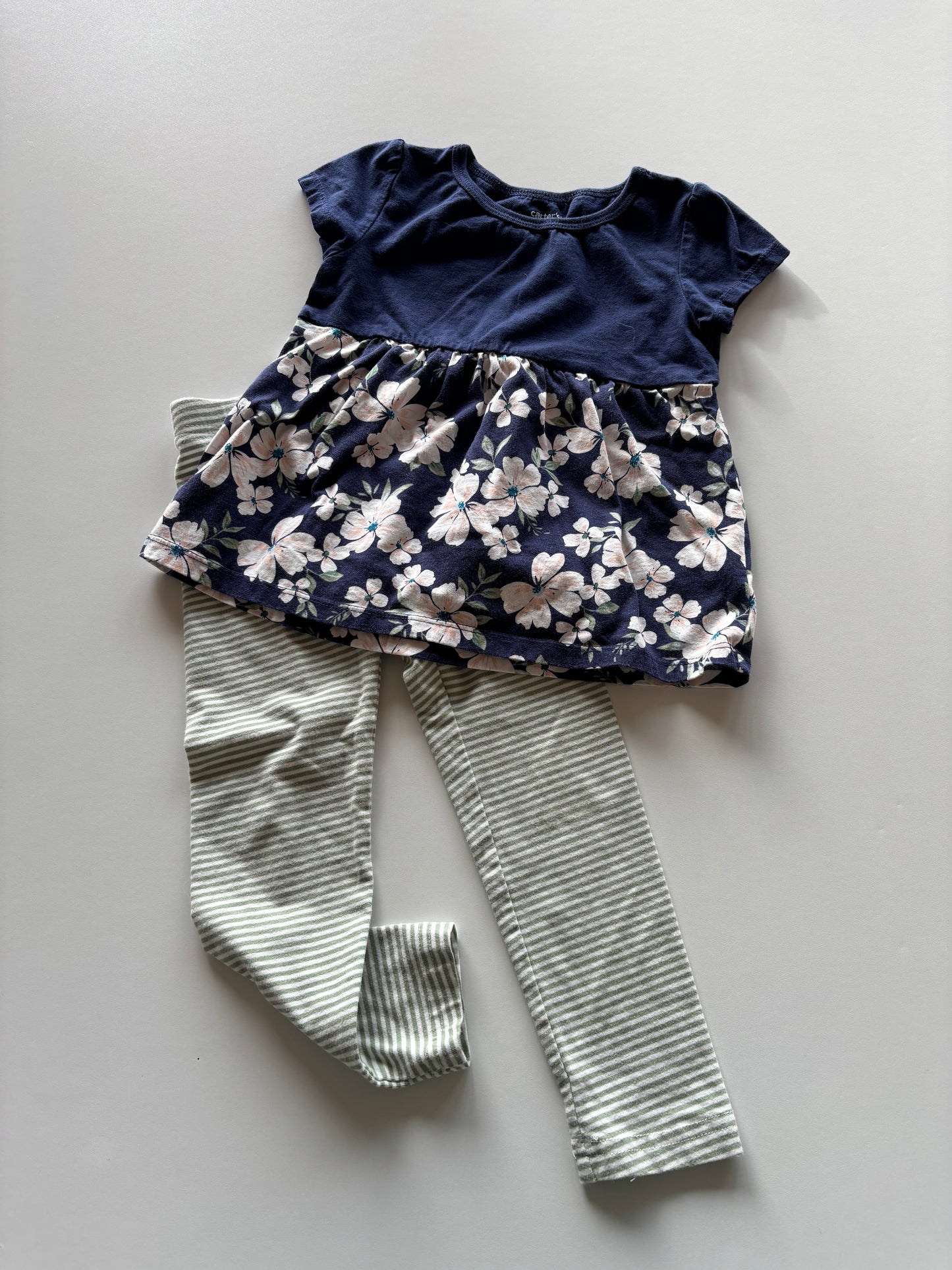 2pc Navy & Green Striped Floral Set