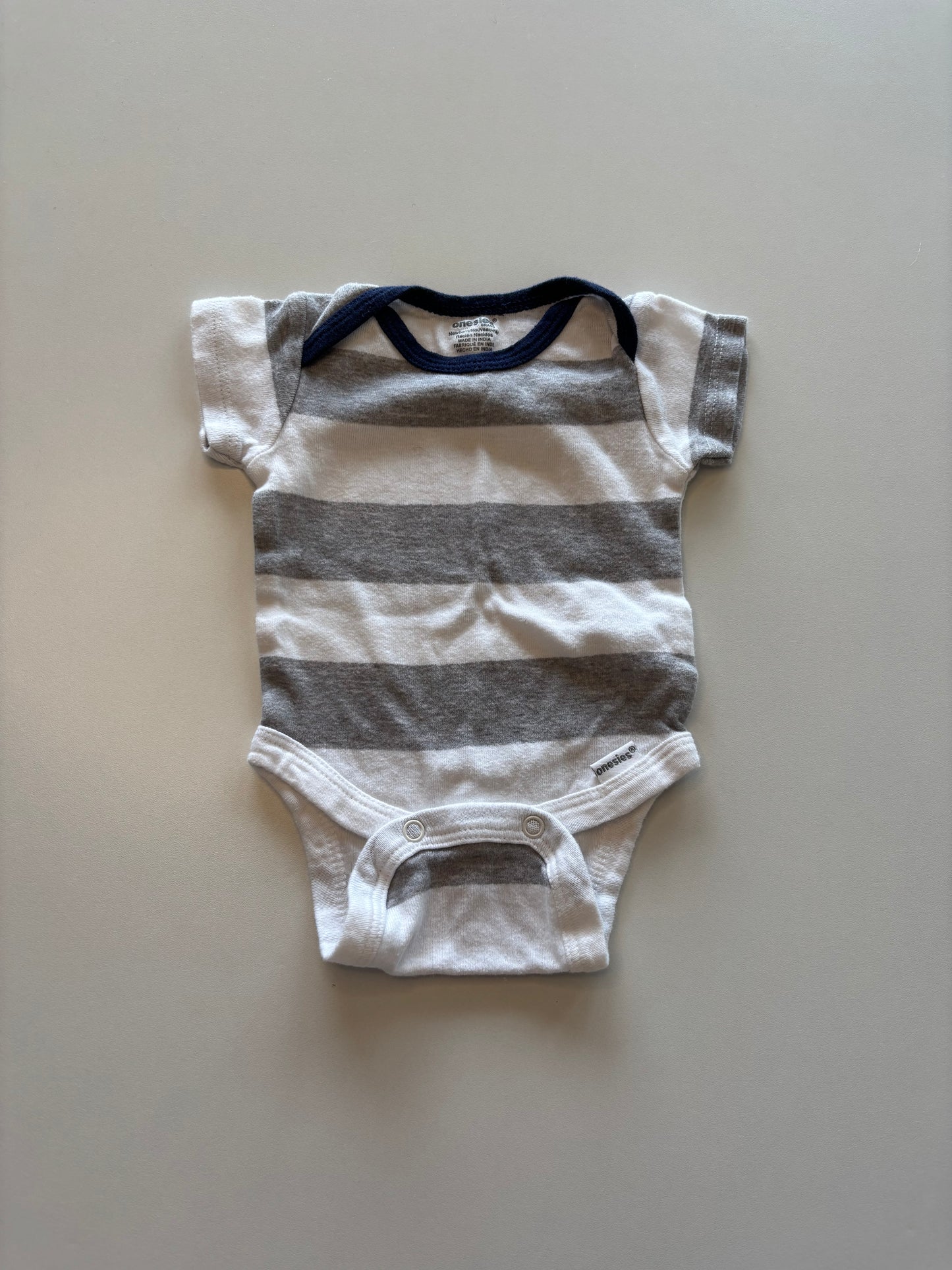 Grey & White Striped with Navy Onesie