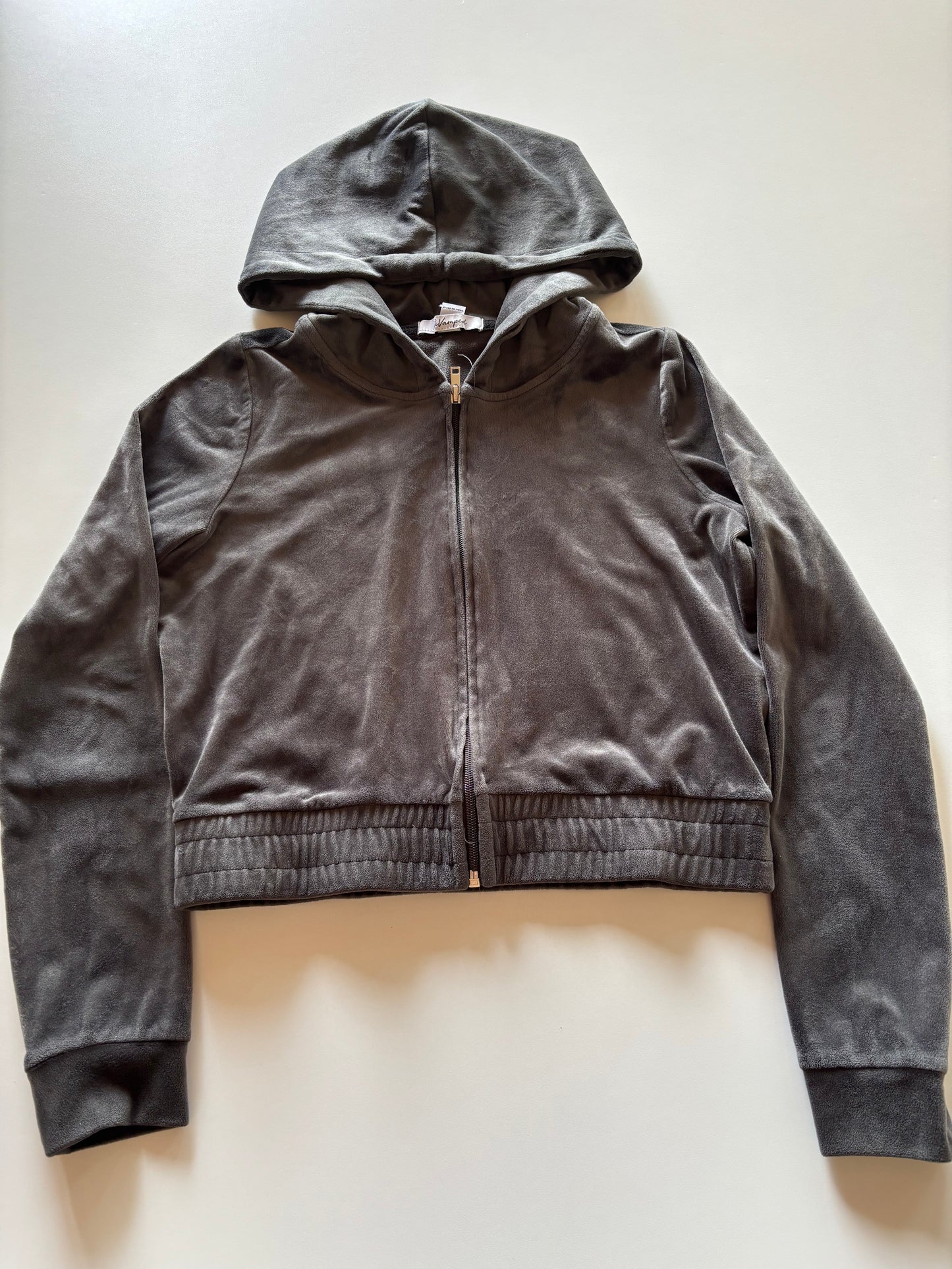 Grey Velour Cropped Zip Up Hoodie