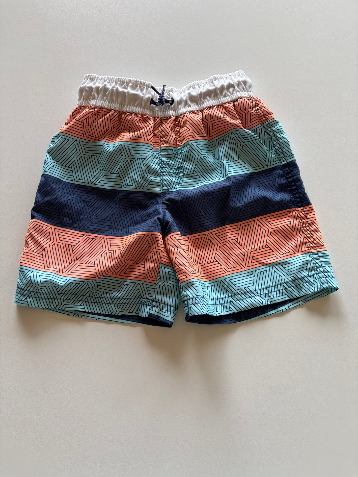 Blue & Orange Striped Patterned Swim Trunks