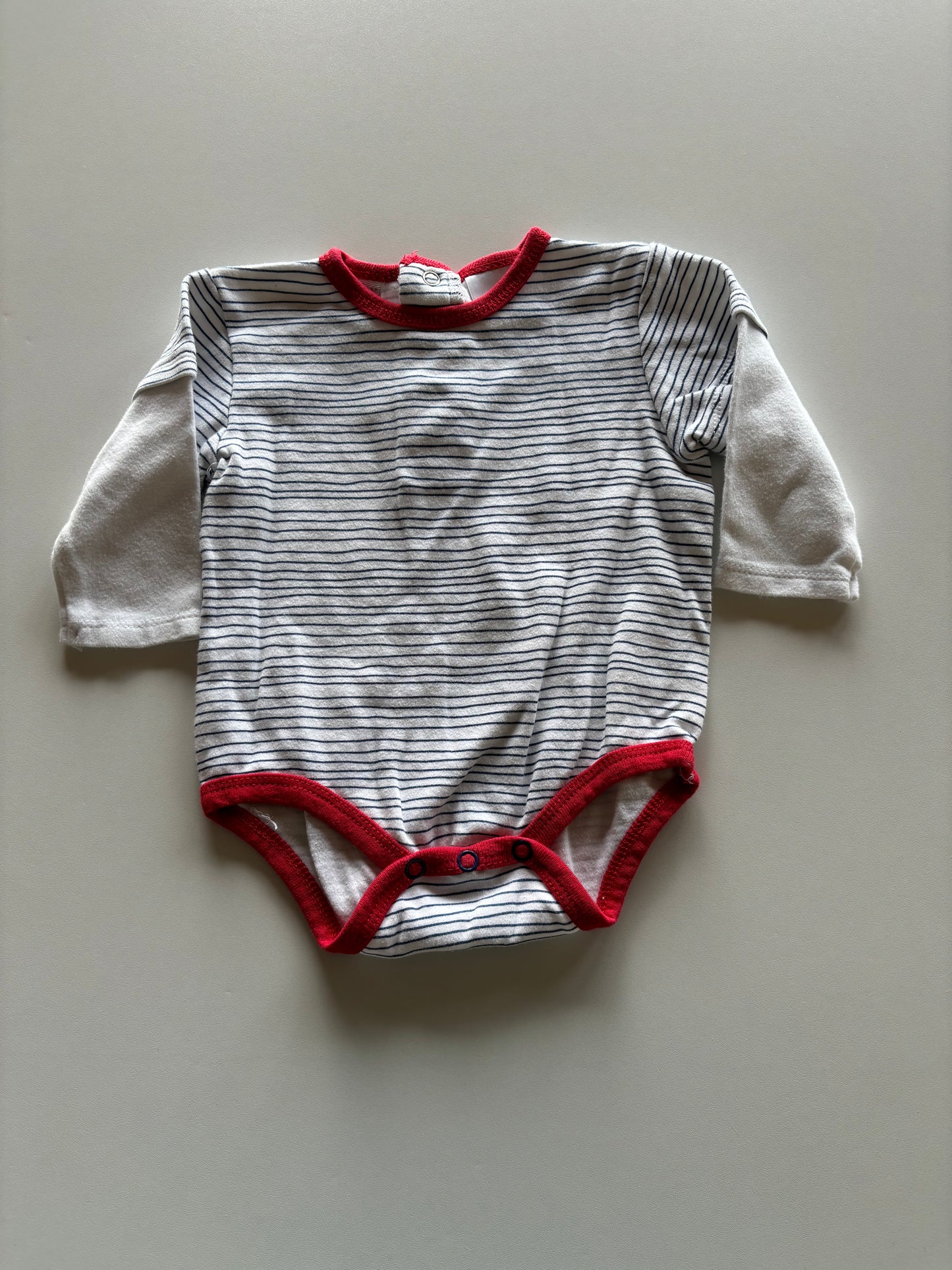 White & Navy Striped Onesie with Red Accents