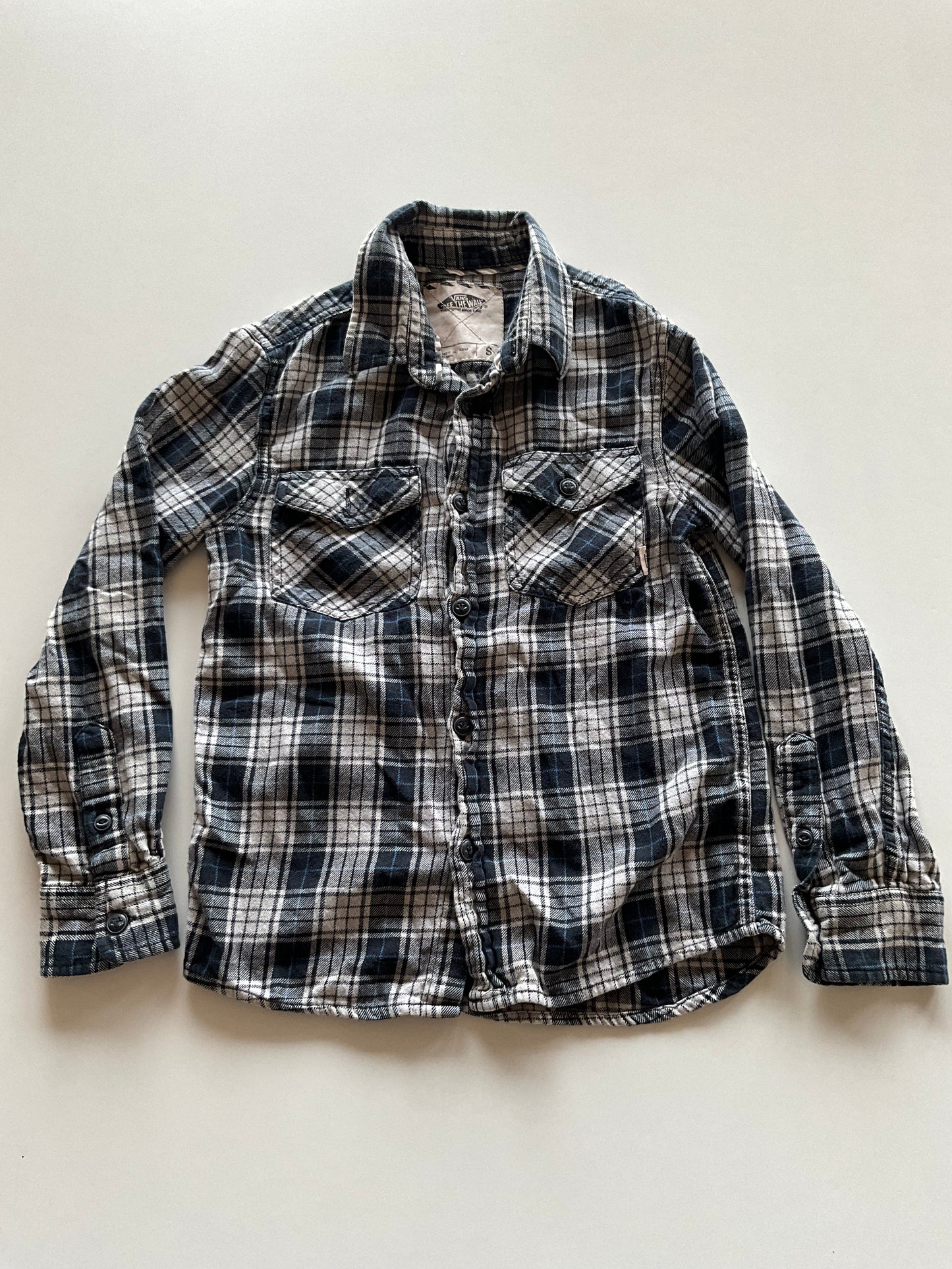 Black, Grey, & Blue Plaid Flannel Shirt