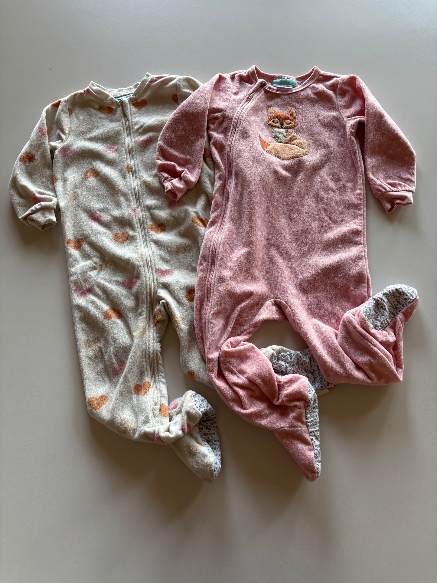2 Pairs Pink Fox & White Hearts Fleece Sleepers