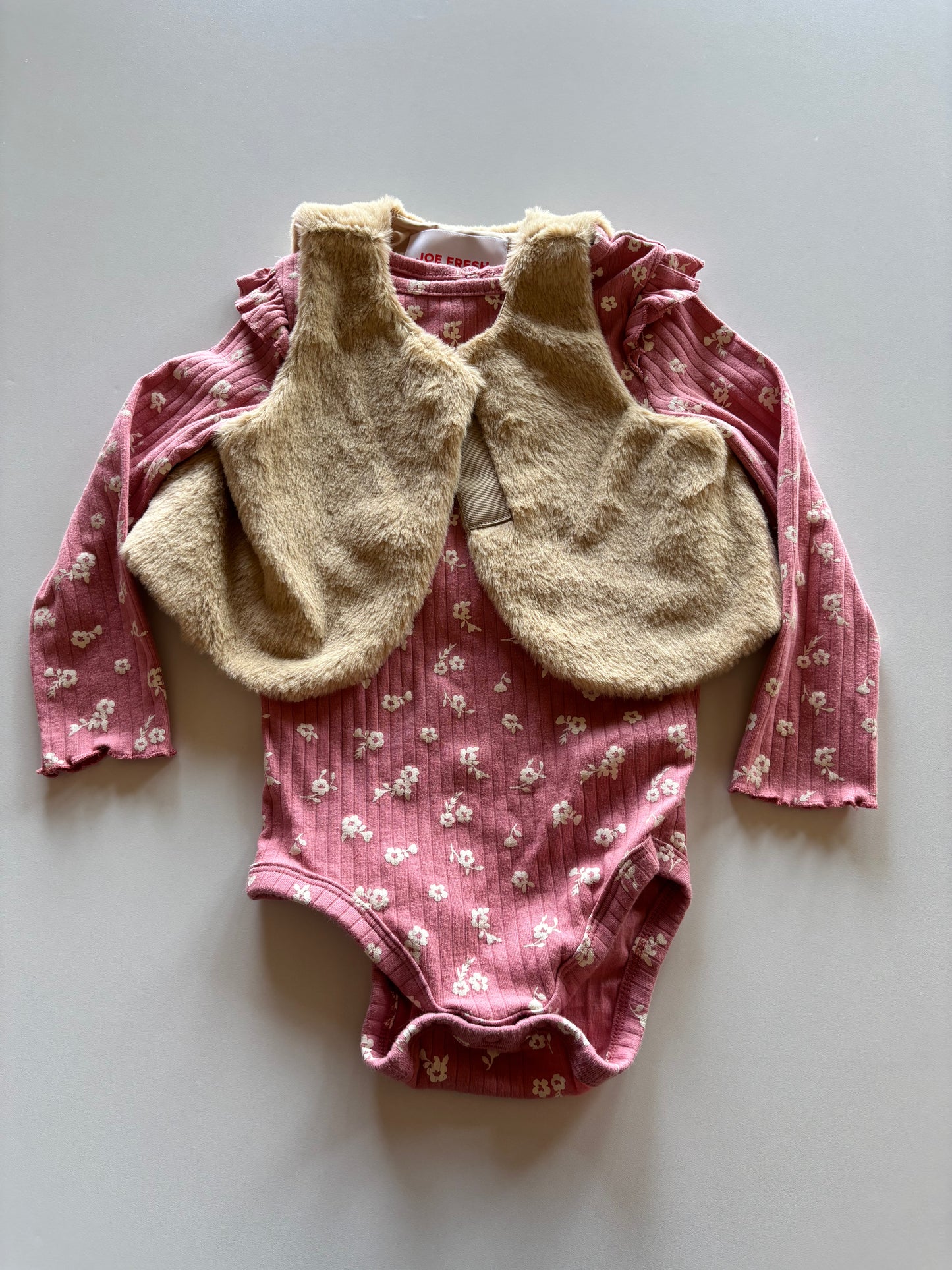 Pink Floral Onesie & Faux Fur Vest