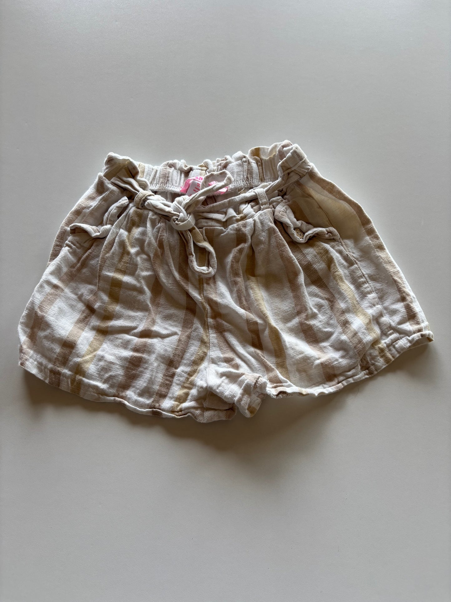 Beige Striped Paperbag Shorts