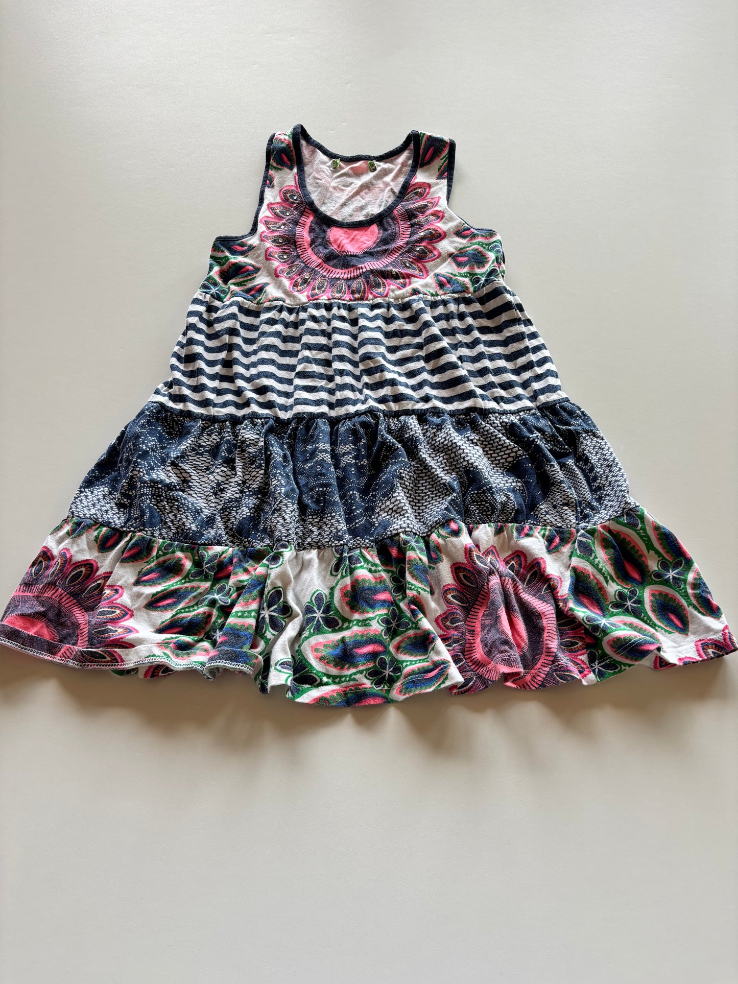 Navy & Pink Mixed Pattern Tiered Dress