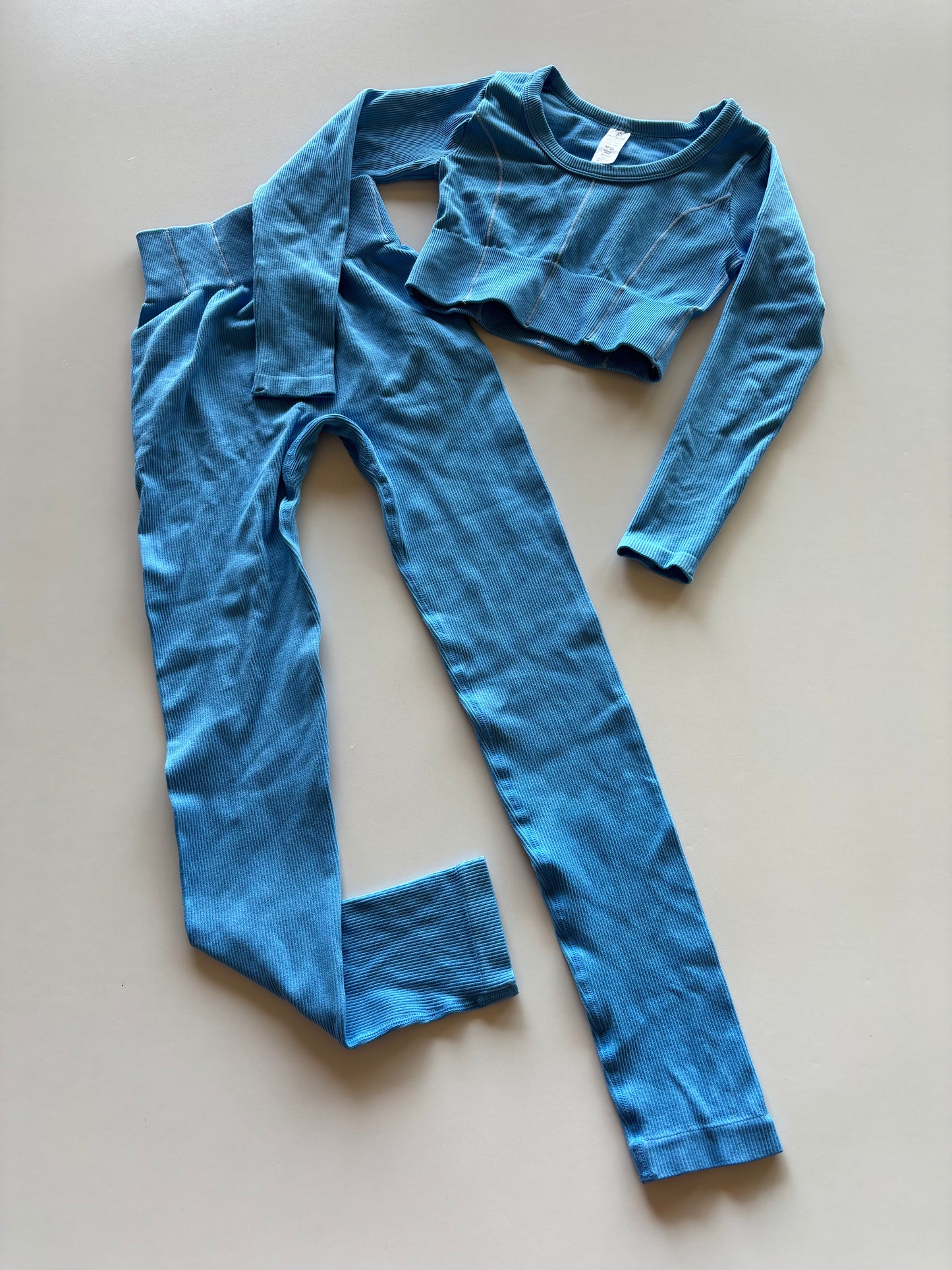 2pc Blue Ribbed Cropped Athletic Set