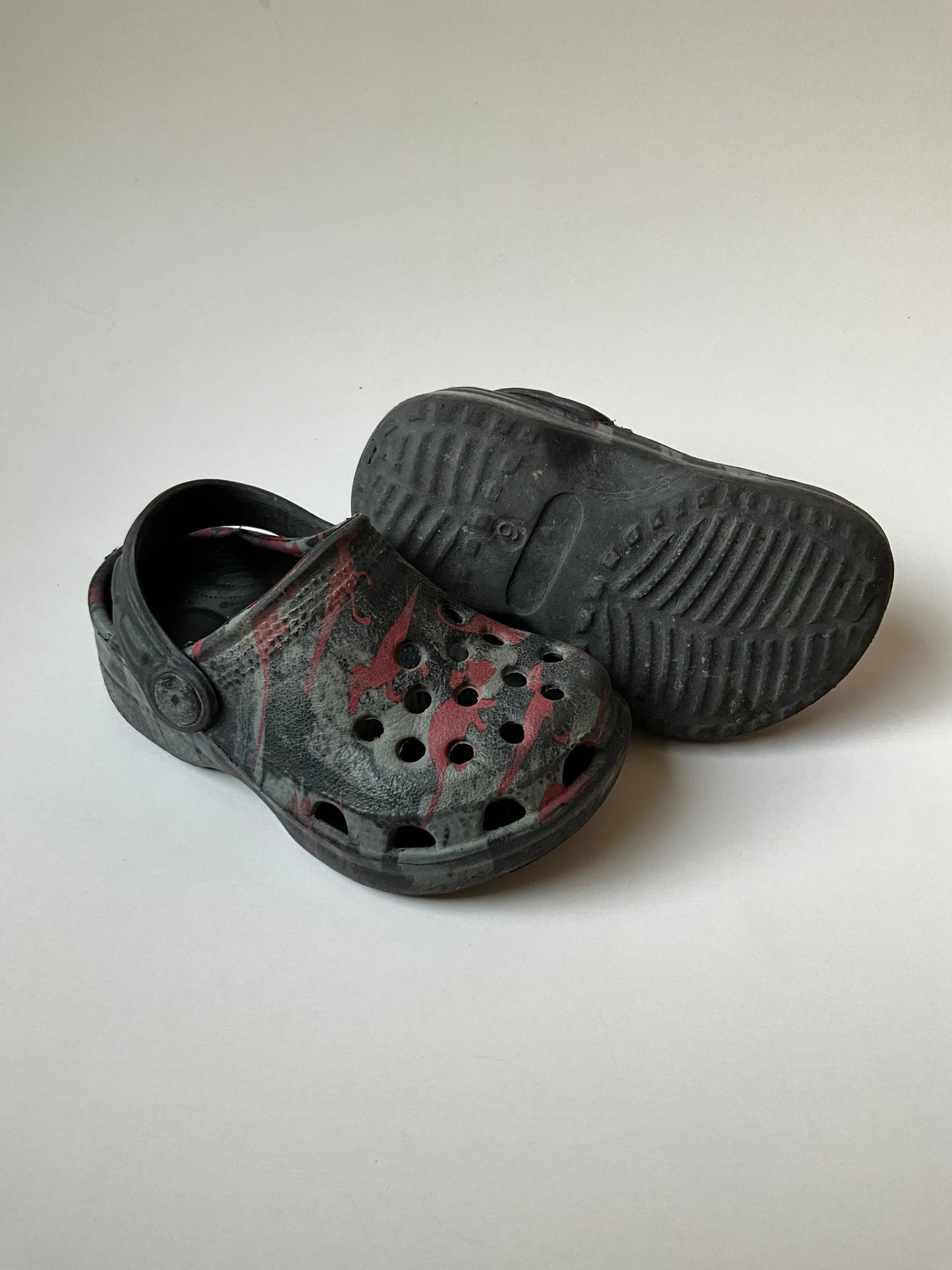 Black, Grey, & Red Dino Crocs