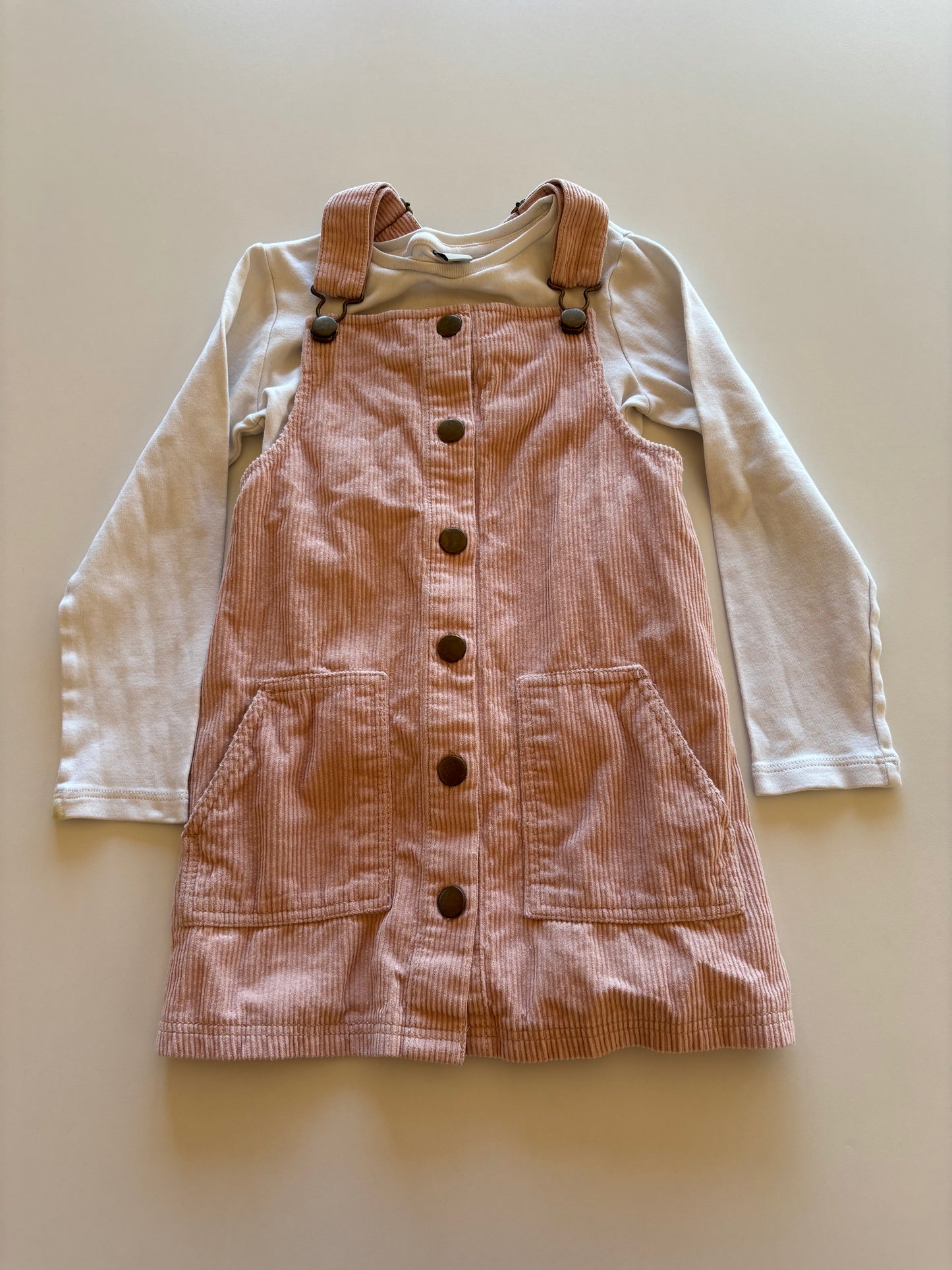 2pc Pink Cords Overall Skirt & White Top