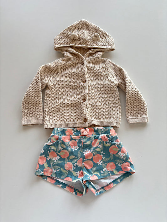 2pc Beige Knit Button Up Hoodie & Peach Shorts