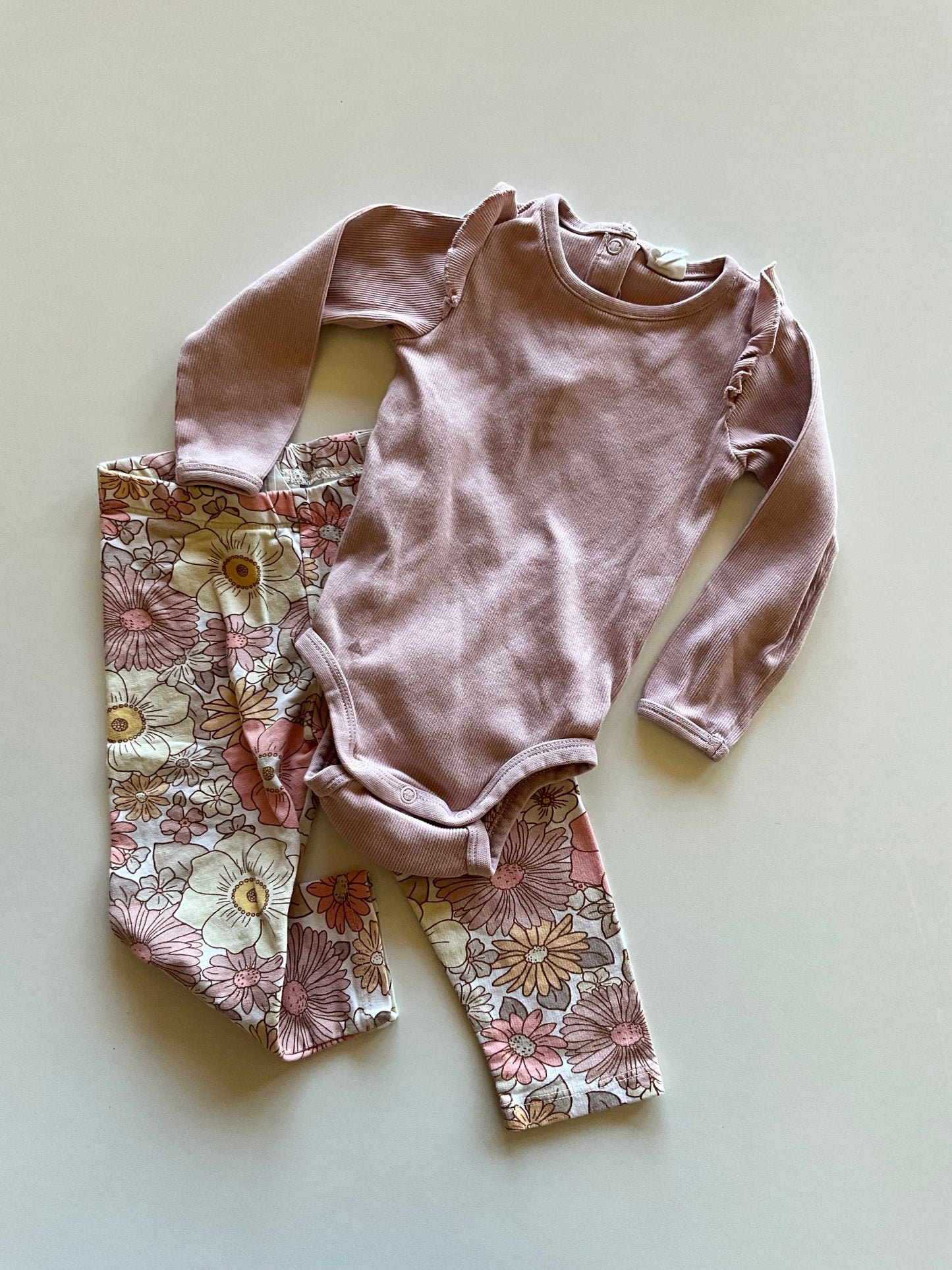 2pc Lilac Ribbed Onesie & Floral Leggings