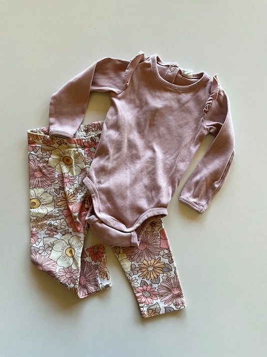 2pc Lilac Ribbed Onesie & Floral Leggings
