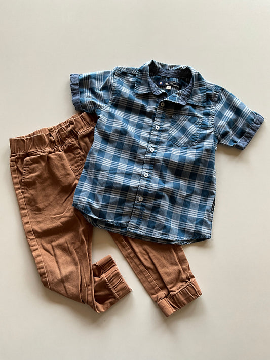 2pc Blue Plaid & Brown Joggers Set