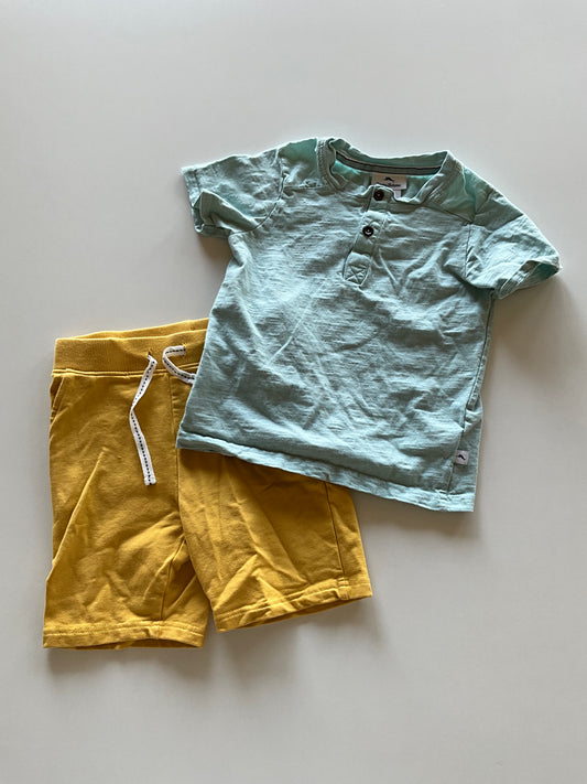 2pc Mint Henley & Yellow Shorts