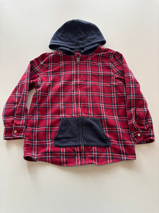 Red Plaid Hooded Zip Up Shirt