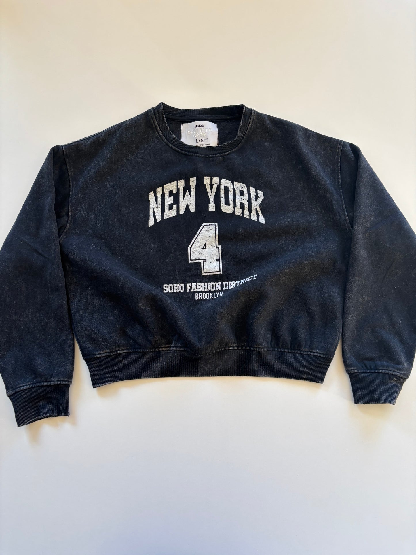 Black Acid Washed Cropped New York Crewneck