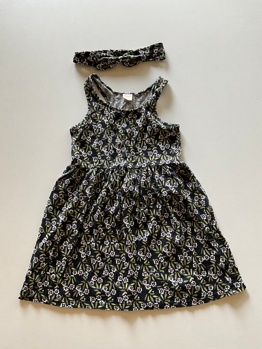 2pc Black & Green Floral Dress & Headband