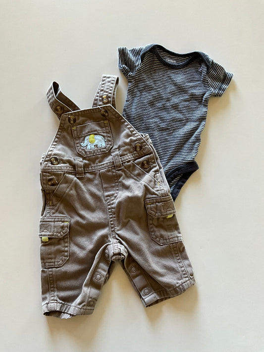2pc Striped Onesie & Brown Elephant Overall Set