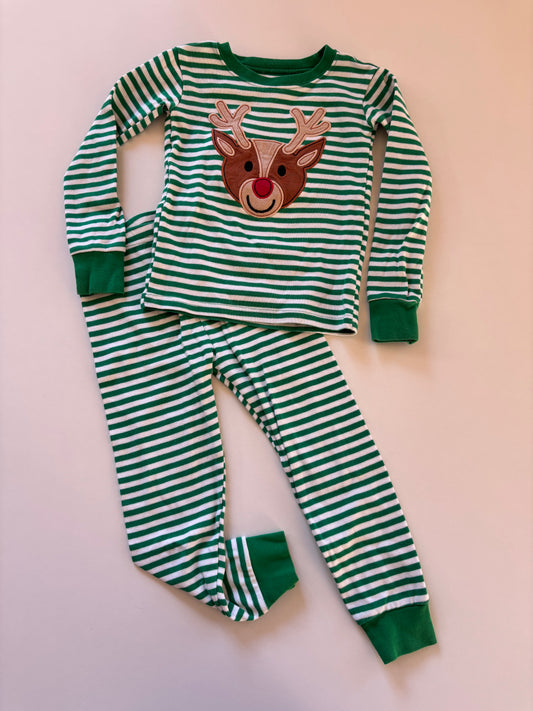 2pc Green Striped Reindeer Pajamas