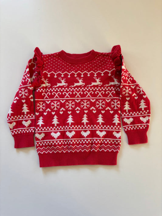 Red Ruffle Shoulder Fairisle Sweater
