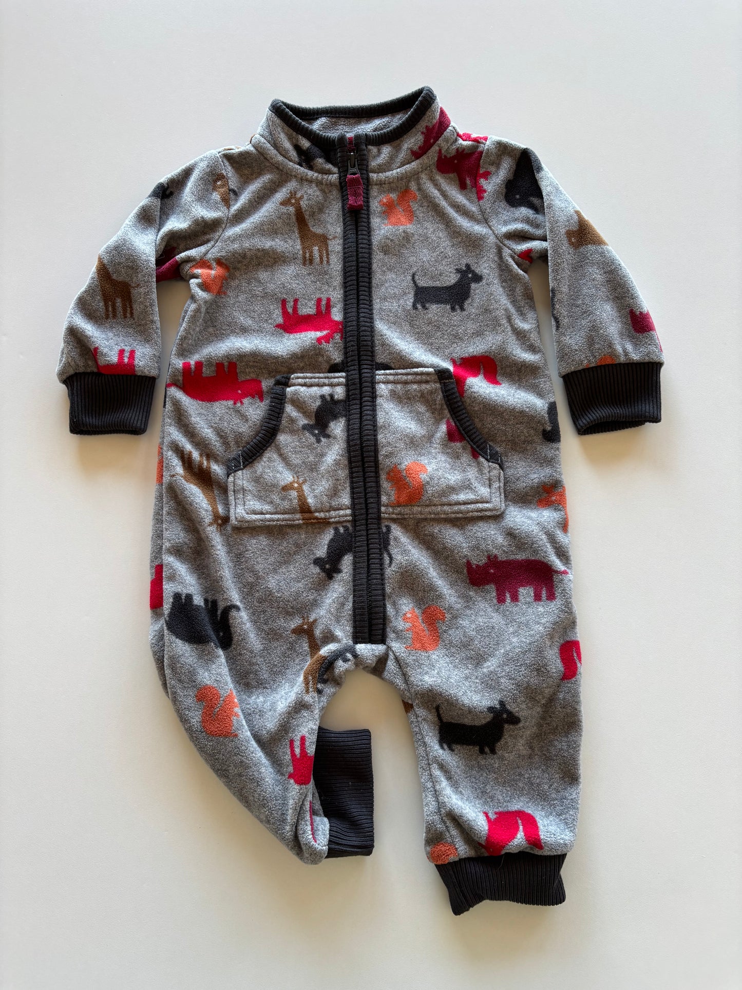 Grey Fleece Zoo Animals Zip Up Romper
