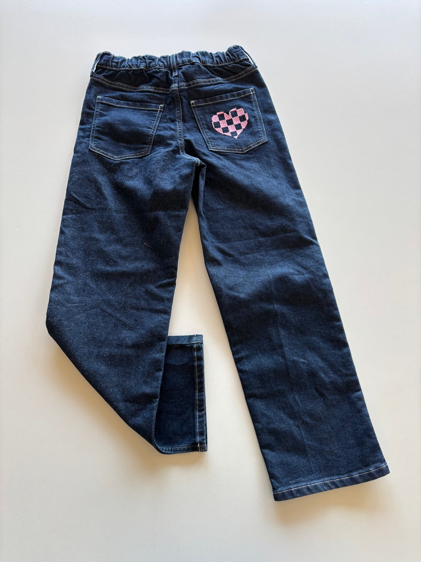 Dark Wash Pink Checkered Heart Denim