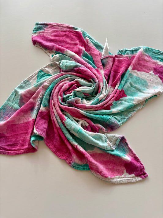 Pink & Teal Watercolour Muslin Blanket