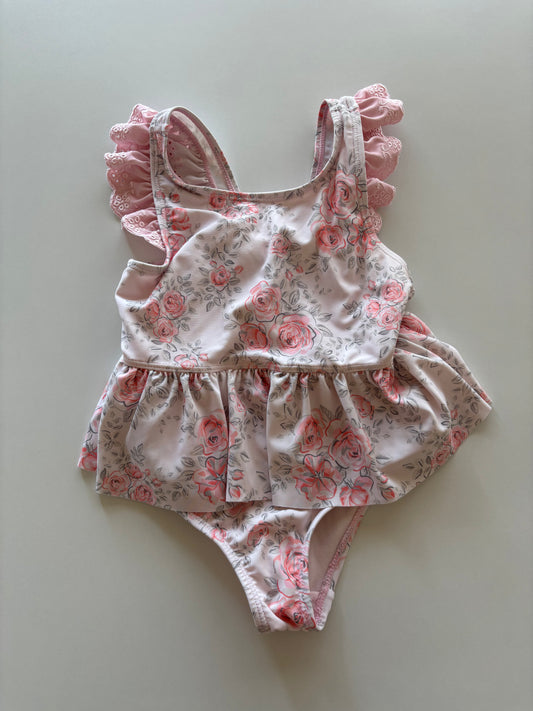 White & Pink Floral Swim Suit