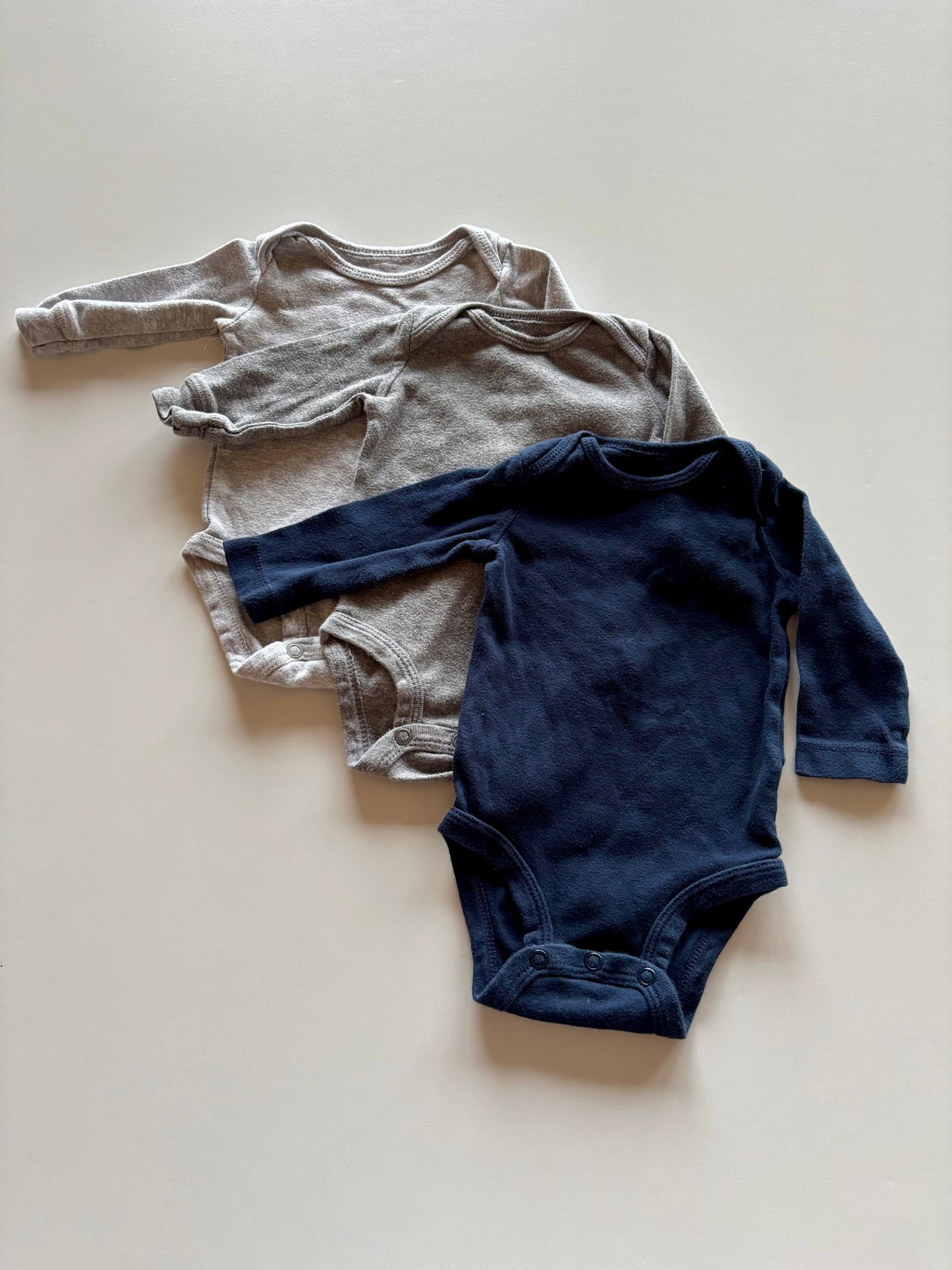 3 Long Sleeve Onesies - Navy, Dark Grey, Light Grey