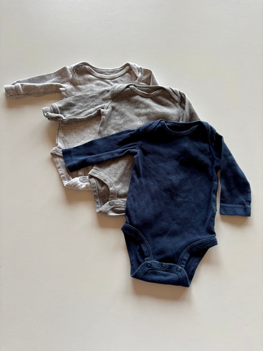 3 Long Sleeve Onesies - Navy, Dark Grey, Light Grey