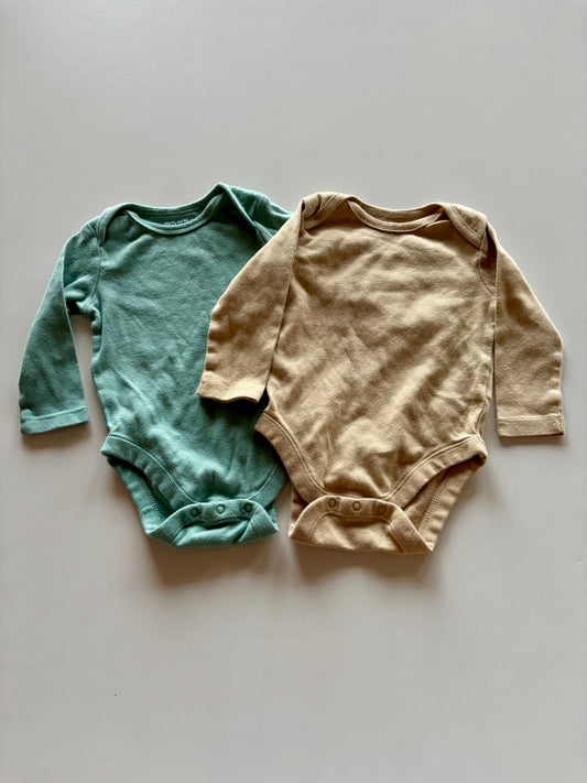 2 Long Sleeve Onesies - Tan & Green