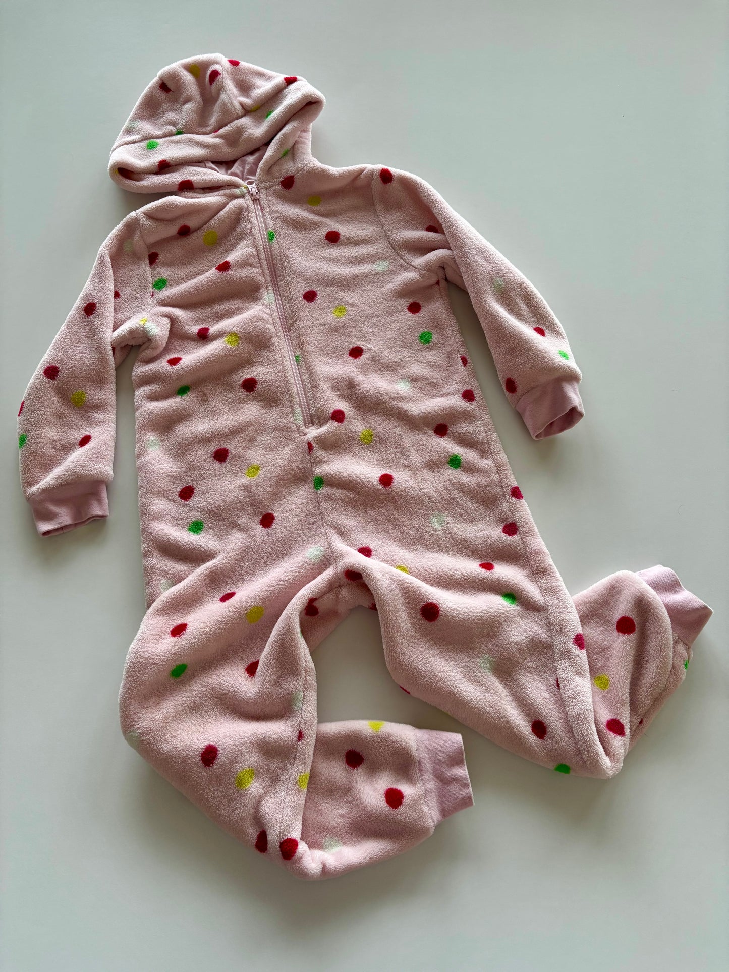 Pink Polka Dot Hooded Fleece Romper