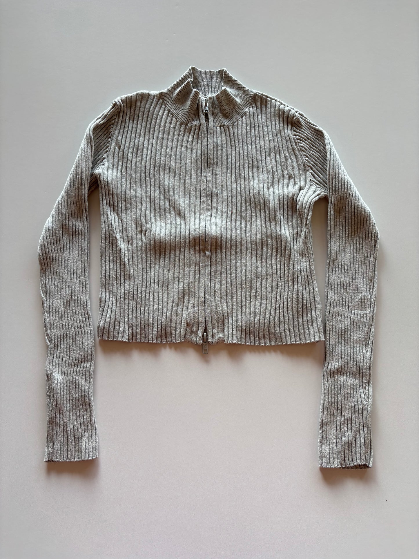 Grey Ribbed Zip Up Sweater