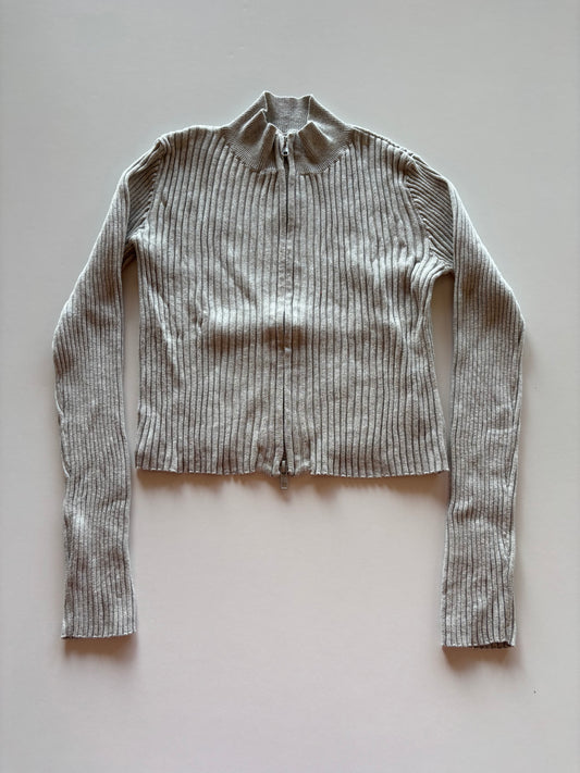 Grey Ribbed Zip Up Sweater