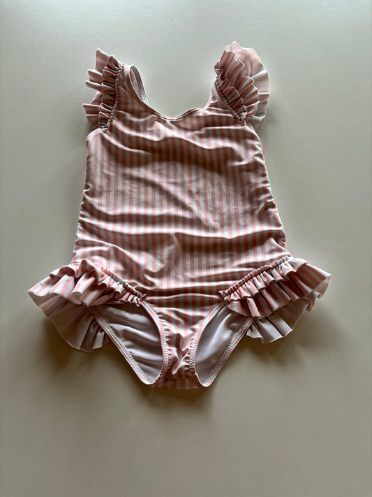 Pink Striped Ruffle Swim Suit