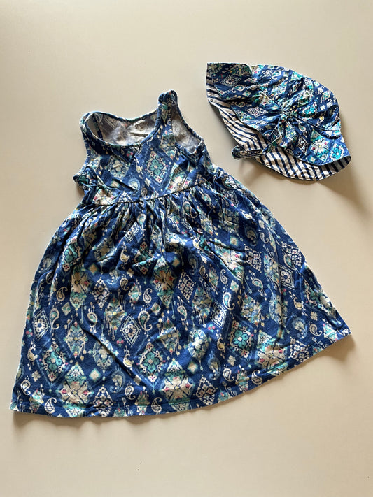 Blue Patterned Dress & Sun Hat