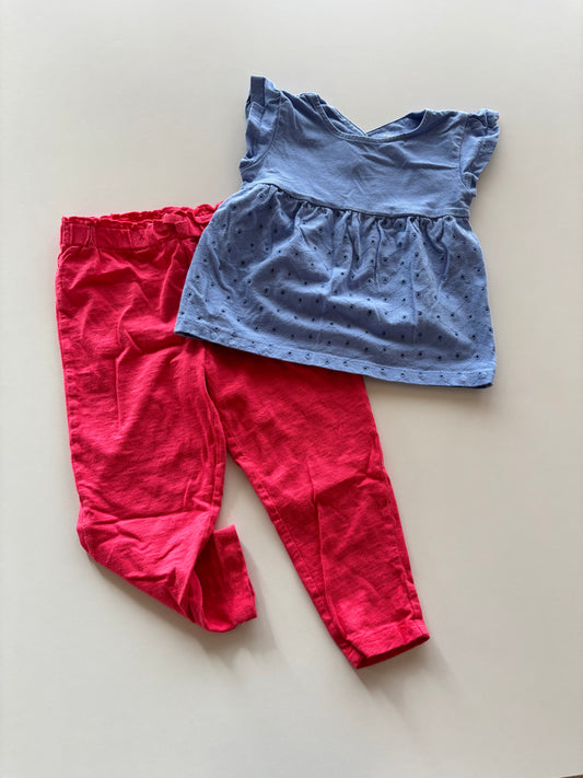 2pc Blue Eyelet Tee & Pink Pants Set