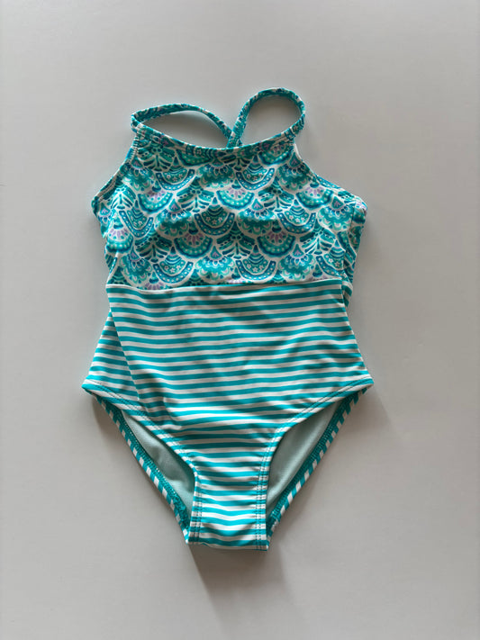 Blue Patterned & Striped Bathing Suit