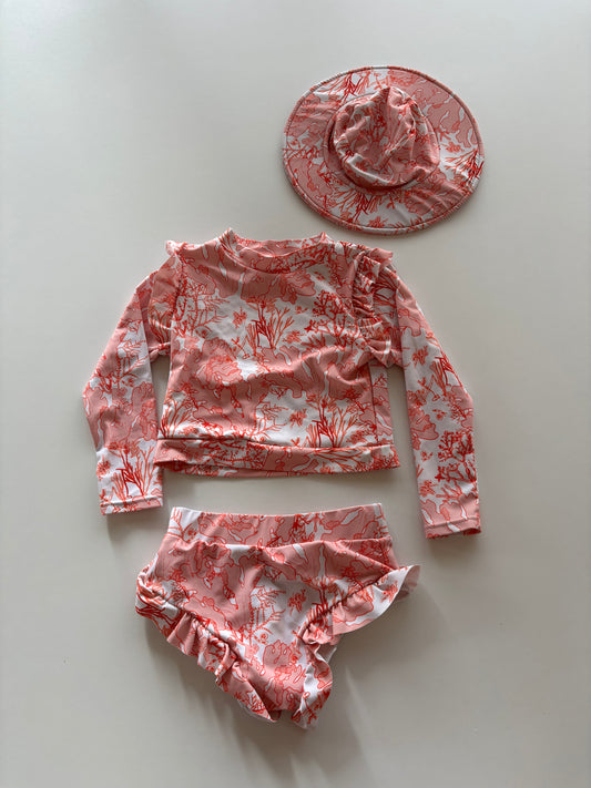 3pc Coral & Orange Swim Set