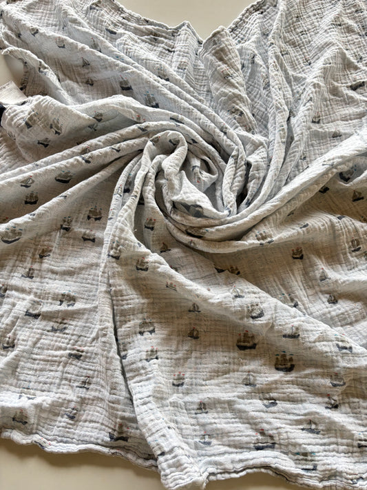 Blue Sailboats Muslin Blanket